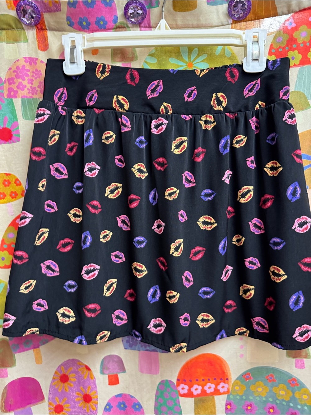Forever 21 Black Skater Skirt with Pink Red Purple and Gold Lip Print. Large